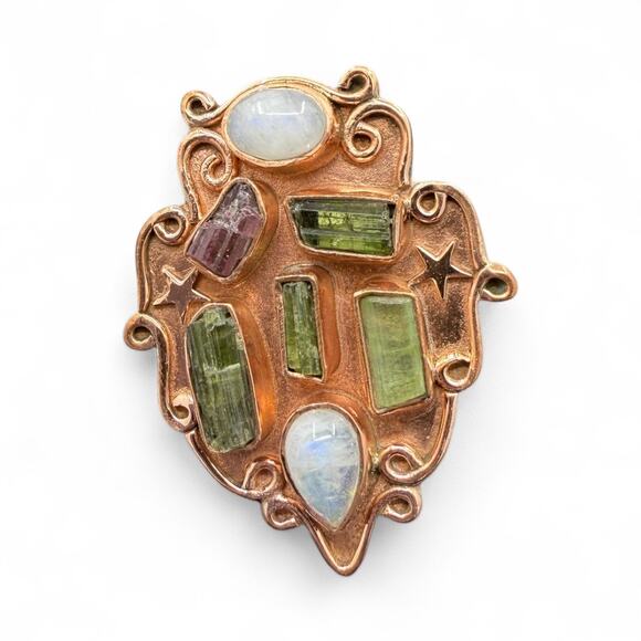 Pink Green Tourmaline Moonstone Wide Band Copper Ring Sz 8.25 Handmade Artisan - Picture 2 of 5